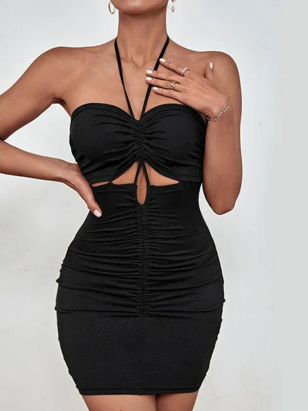 Backless Mini Dress with Halter Neck and Ruched Front
