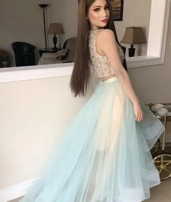 Bateau Prom Dresses With Rhinestones,High-low Short Two Piece Beading Homecoming Dresses OK509