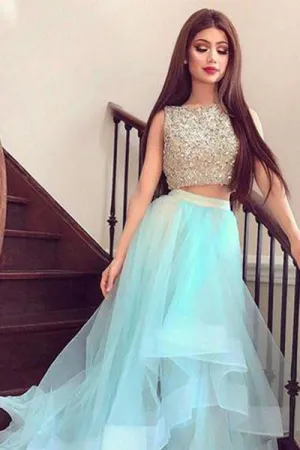 Bateau Prom Dresses With Rhinestones,High-low Short Two Piece Beading Homecoming Dresses OK509