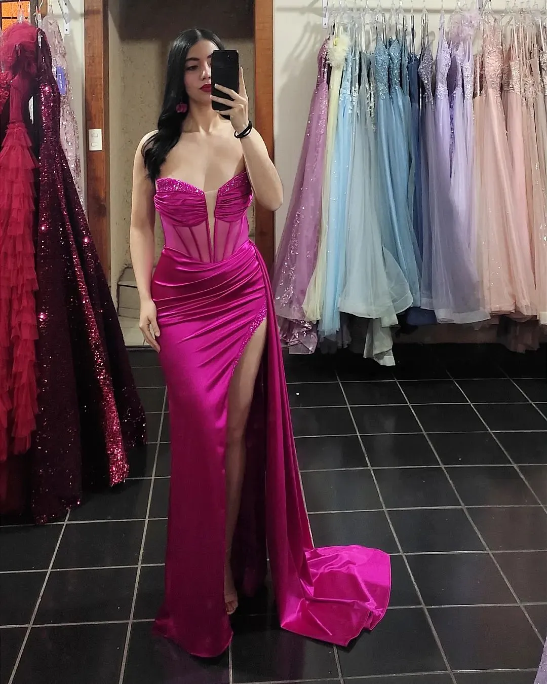 Beaded Strapless Dark Green Satin Mermaid Long Formal Dress