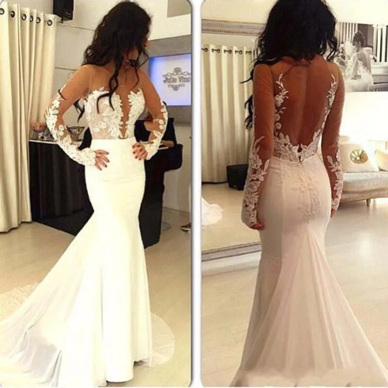 Beautiful Long Sleeves See Through Mermaid Lace Appliques Wedding Dress With Trailing OKD53