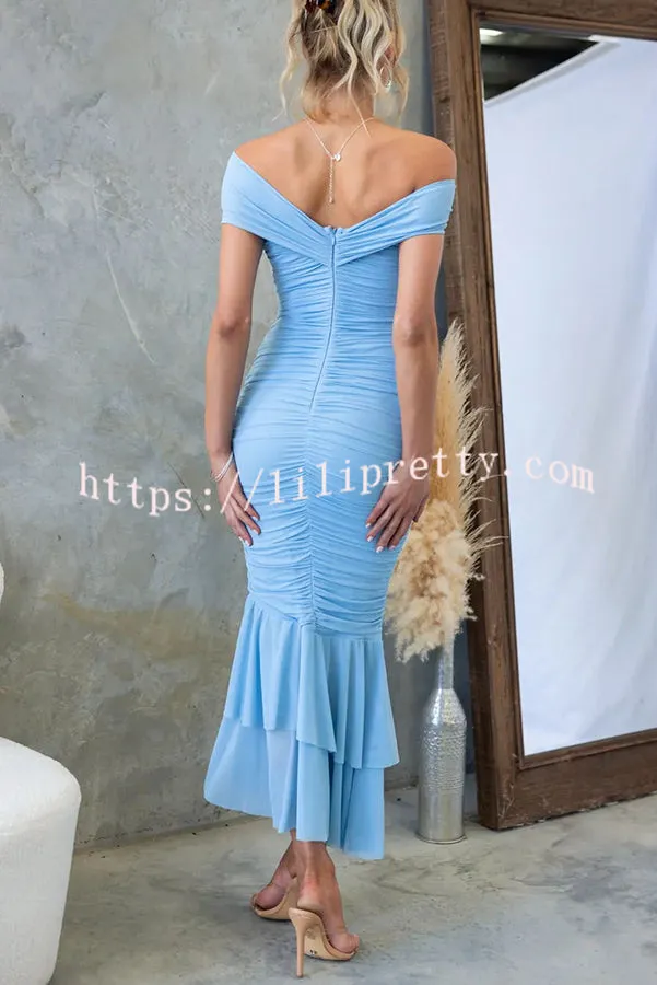 Beauty Untamed Mesh Overlay Off Shoulder Ruched Stretch Maxi Dress