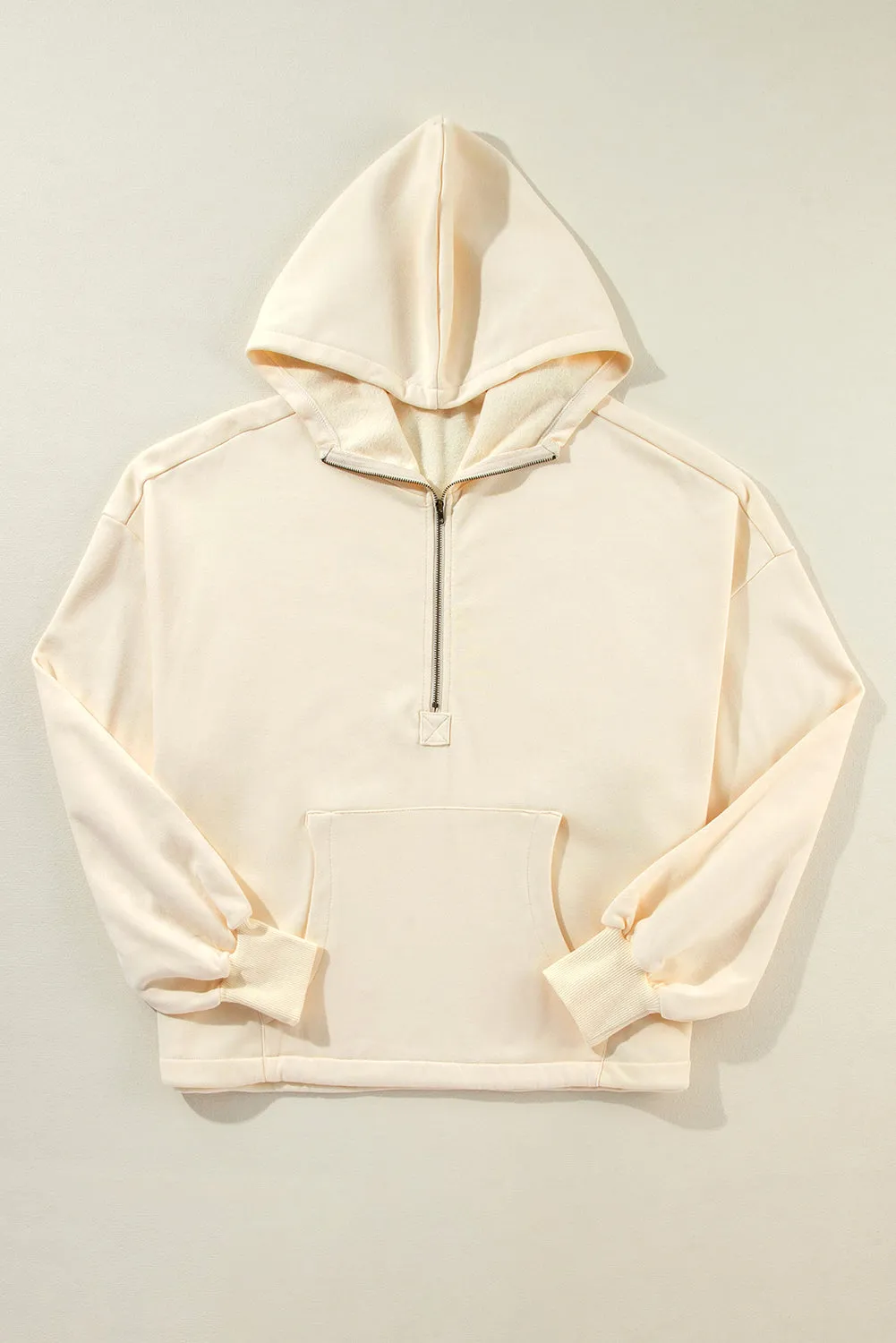 Beige Fleece Lined Half Zipper Kangaroo Pockets Loose Hoodie
