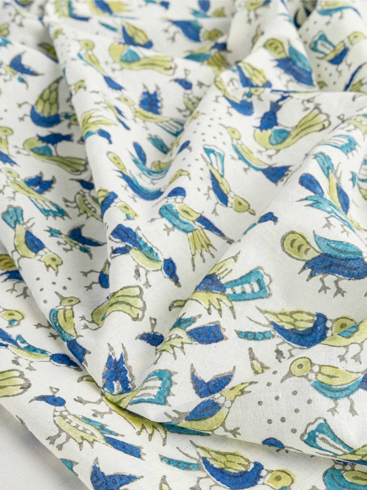Bird Block Print Organic Cotton Voile - Blue   Green   Off White - Swatch