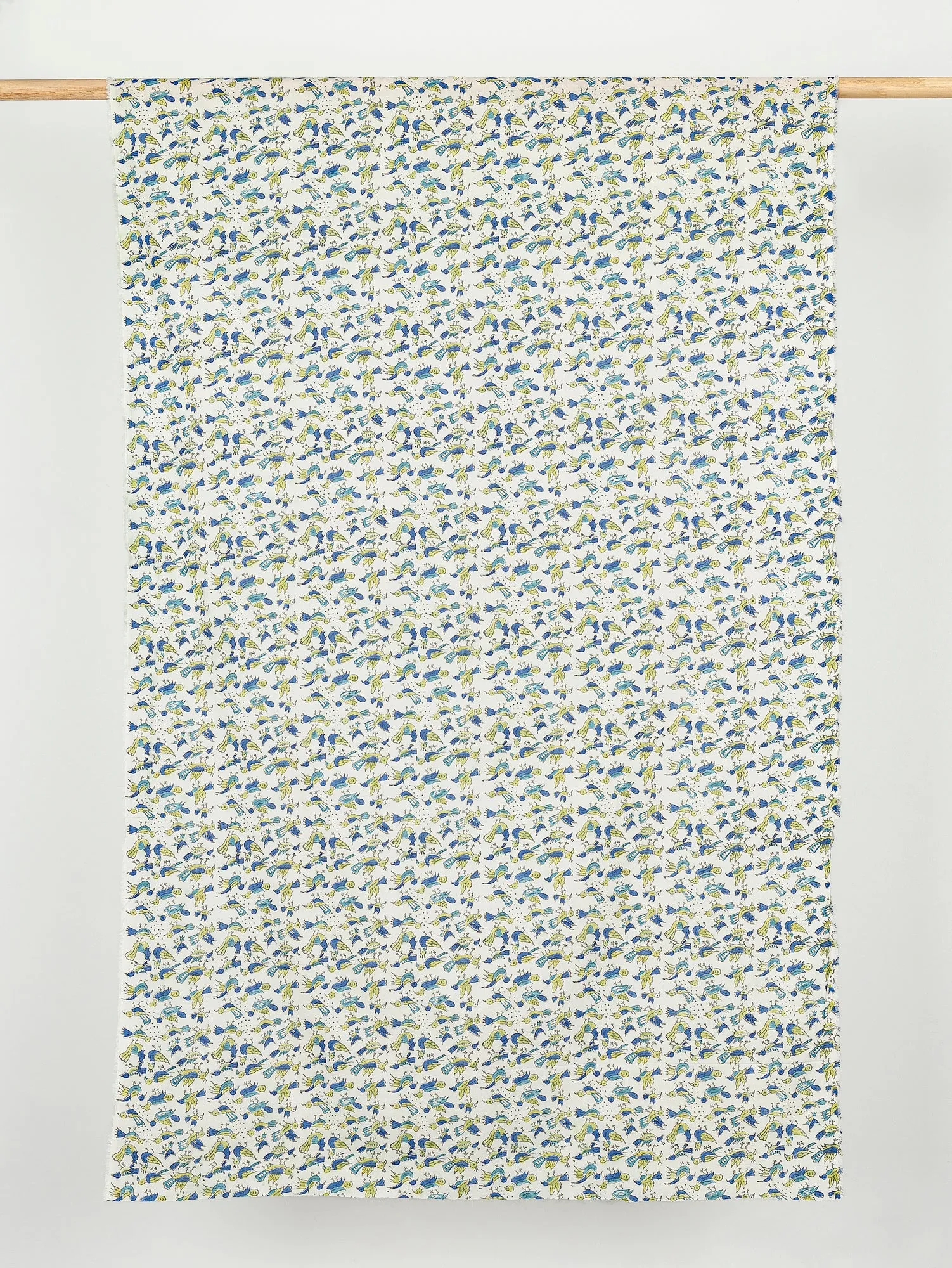 Bird Block Print Organic Cotton Voile - Blue   Green   Off White - Swatch