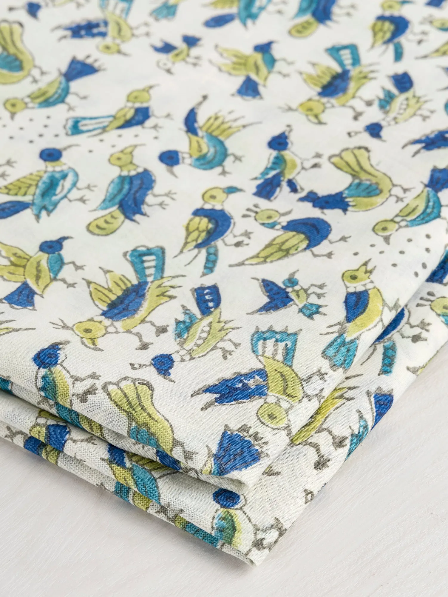 Bird Block Print Organic Cotton Voile - Blue   Green   Off White - Swatch