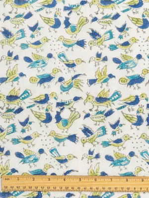 Bird Block Print Organic Cotton Voile - Blue   Green   Off White - Swatch