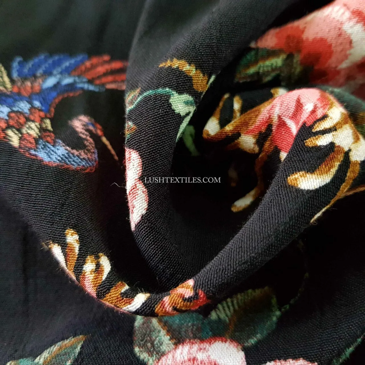 Bird Blossom Floral Viscose Marocaine Dress Fabric, Black