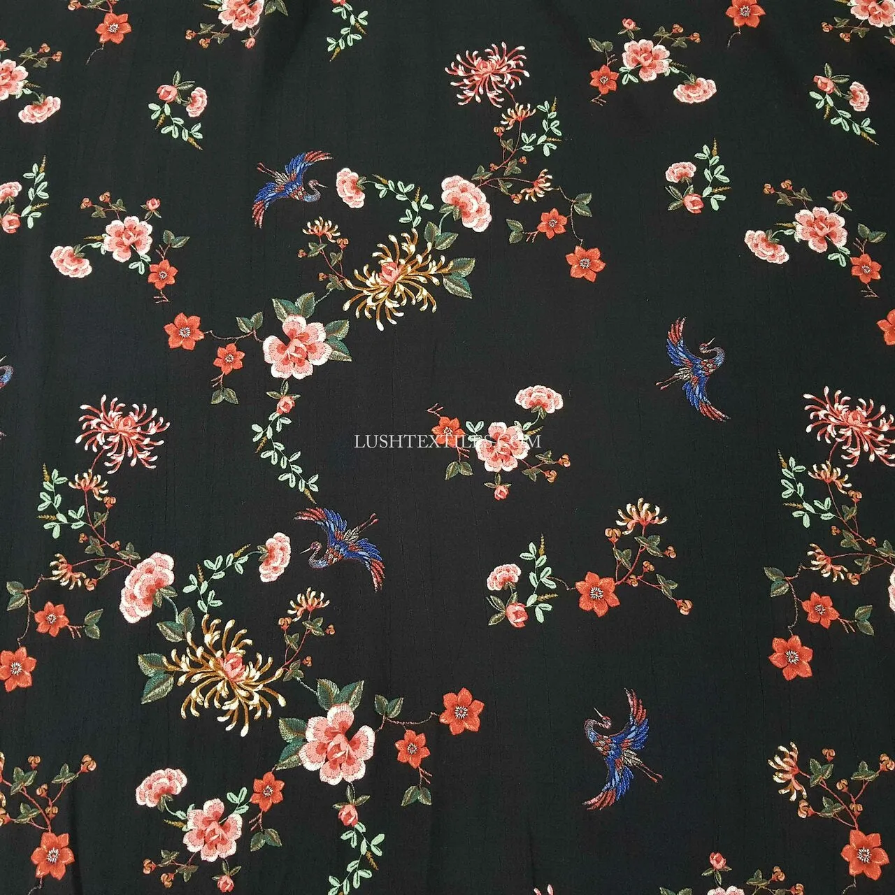 Bird Blossom Floral Viscose Marocaine Dress Fabric, Black