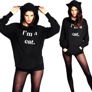 Black Cat Ear Women Hoodies with Hood Warm Long sleeve Sweatshirt Casual Cute Outwear