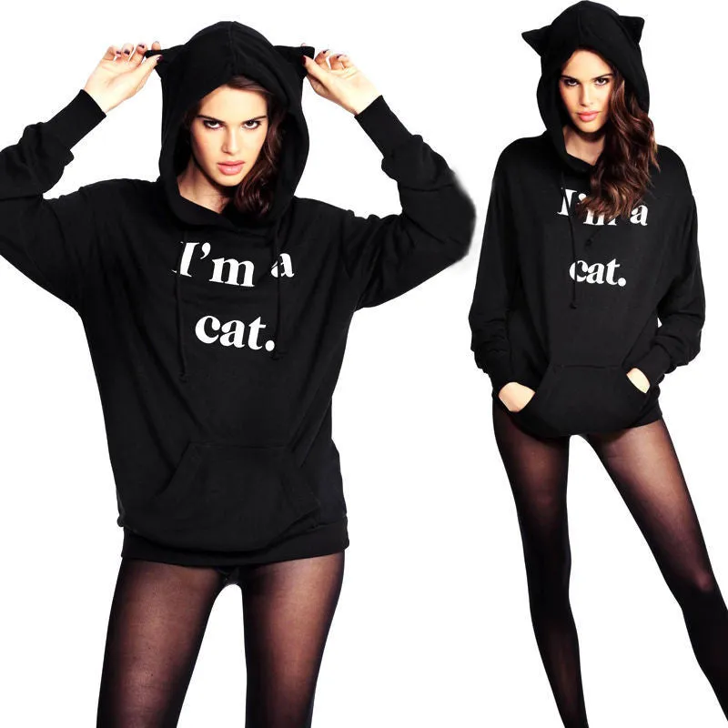 Black Cat Ear Women Hoodies with Hood Warm Long sleeve Sweatshirt Casual Cute Outwear