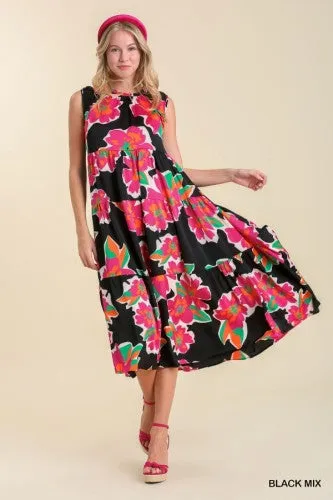Black   Fuchsia Bold Floral Print Dress