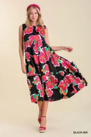 Black   Fuchsia Bold Floral Print Dress
