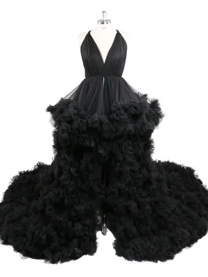 Black V Neck Maternity Photoshoot Dress Cross Lace Up Back Baby Shower Dress Robe for Photoshoot YW220516