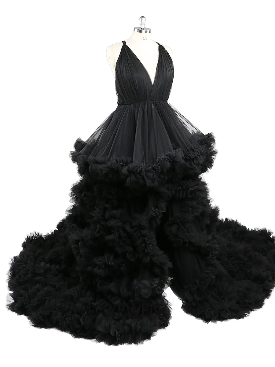 Black V Neck Maternity Photoshoot Dress Cross Lace Up Back Baby Shower Dress Robe for Photoshoot YW220516