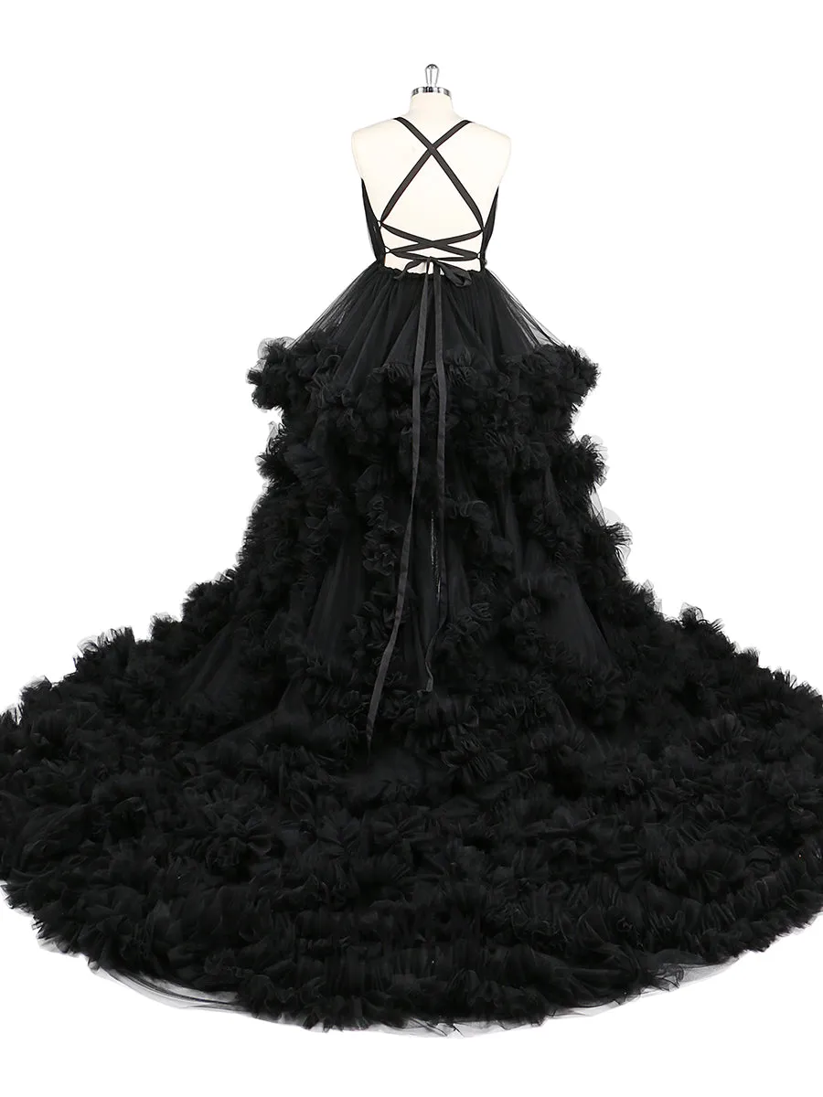 Black V Neck Maternity Photoshoot Dress Cross Lace Up Back Baby Shower Dress Robe for Photoshoot YW220516
