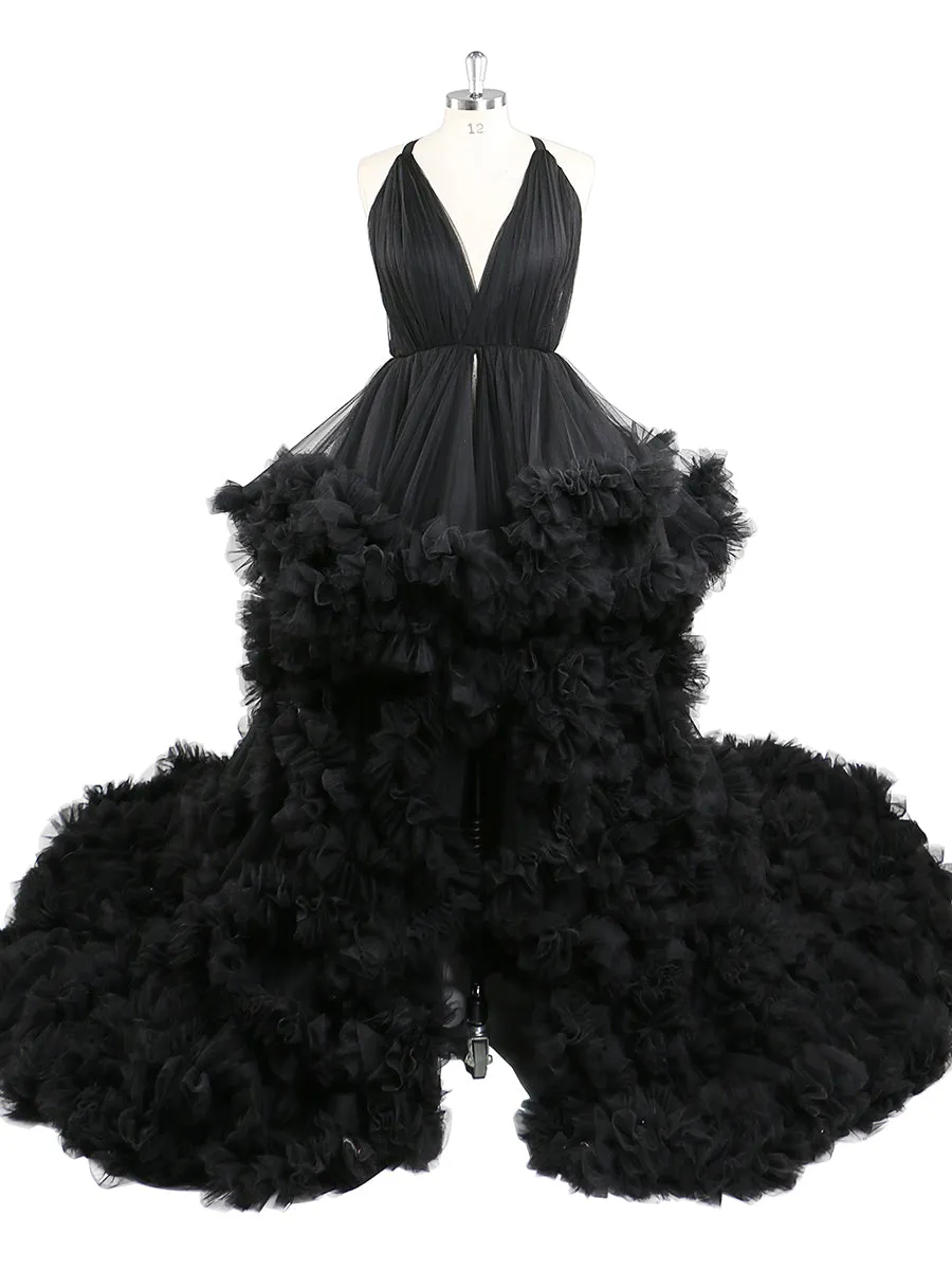 Black V Neck Maternity Photoshoot Dress Cross Lace Up Back Baby Shower Dress Robe for Photoshoot YW220516