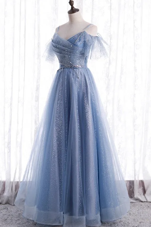 Blue A-line Long Formal Dress with Spaghetti Straps