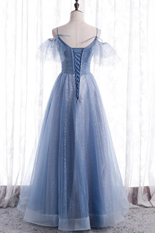 Blue A-line Long Formal Dress with Spaghetti Straps