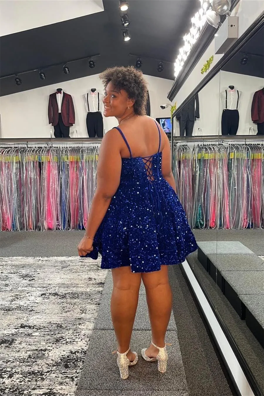 Blue Sequin Scoop A-line Short Homecoming Dress