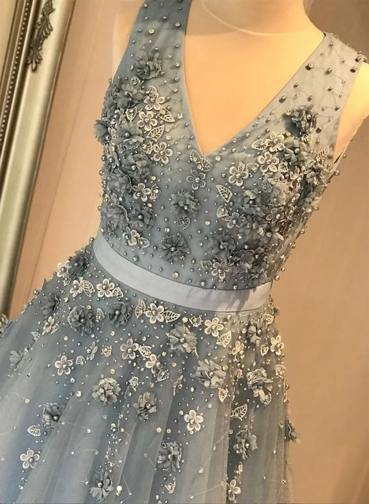 Blue Tulle A-Line V Neck Long Prom Dress Flowers Beadied Evening Dress OK1232