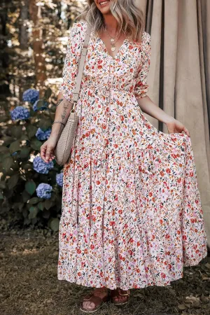 Boho Half Sleeve Floral V Neck Maxi Dress