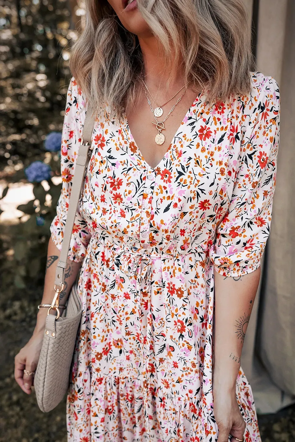 Boho Half Sleeve Floral V Neck Maxi Dress