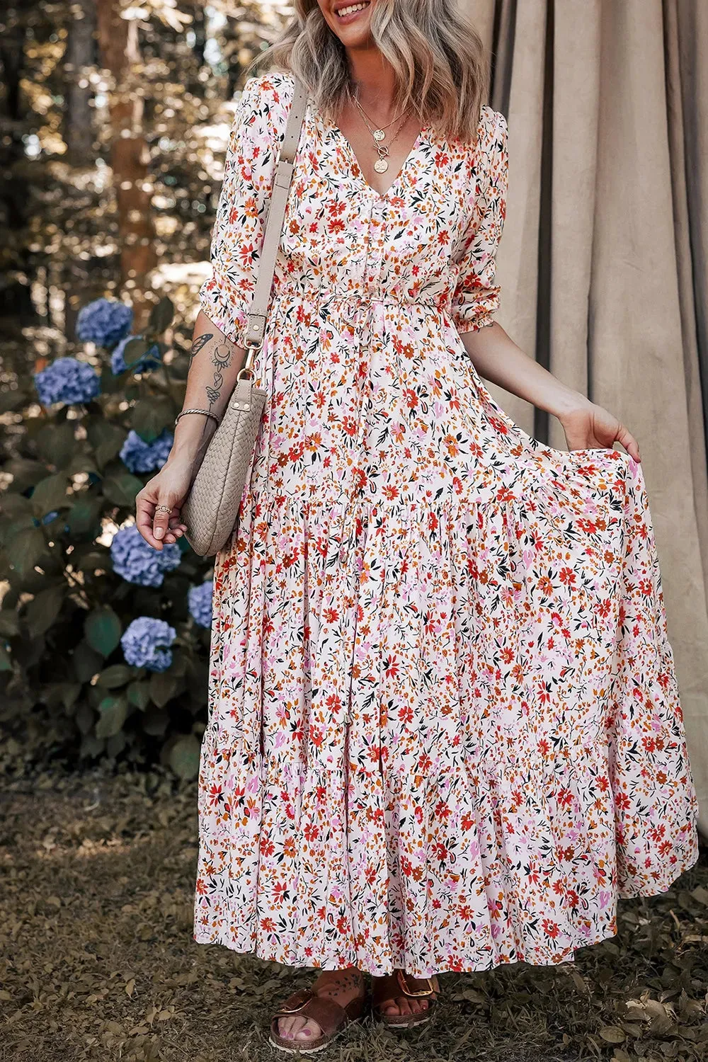 Boho Half Sleeve Floral V Neck Maxi Dress