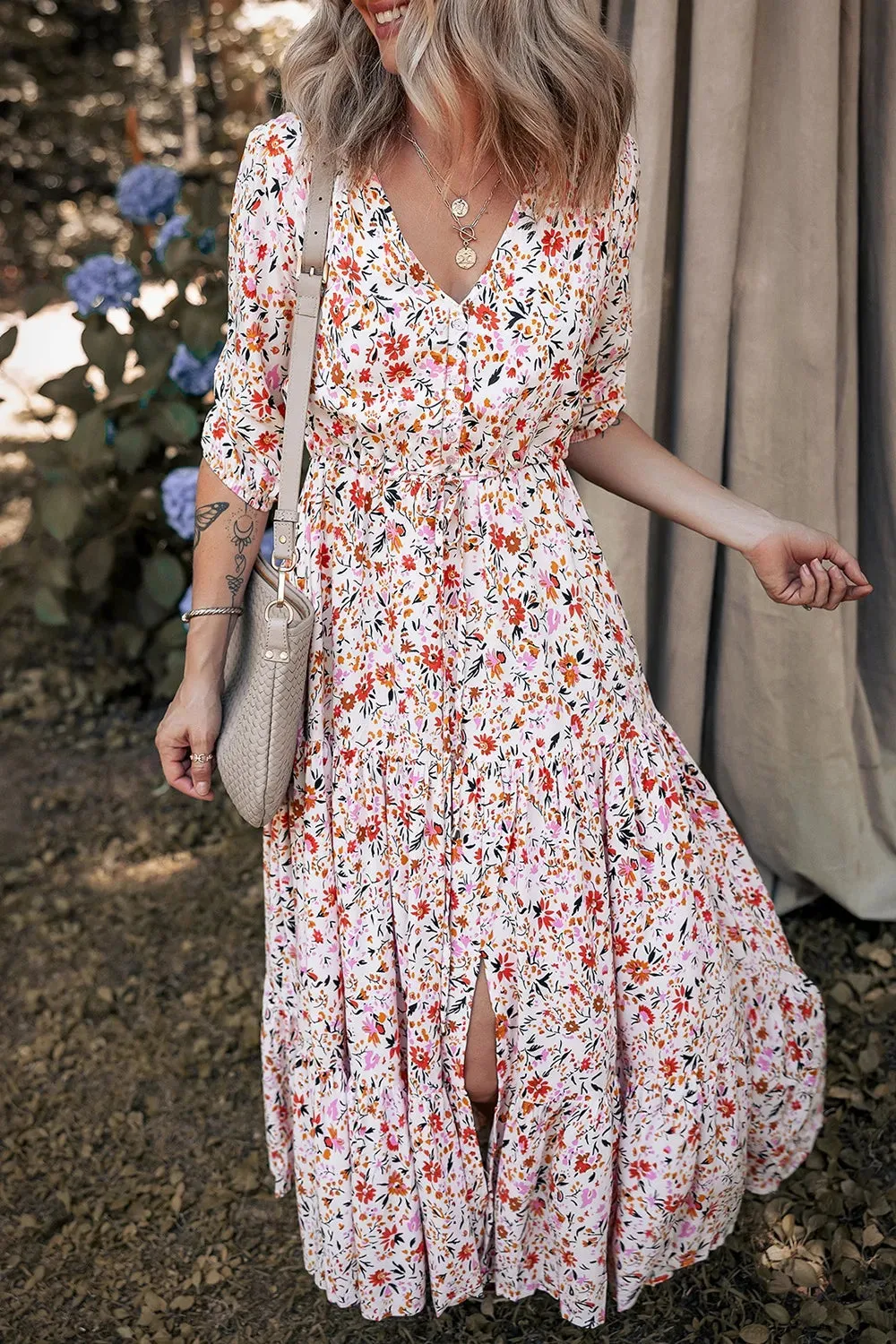 Boho Half Sleeve Floral V Neck Maxi Dress