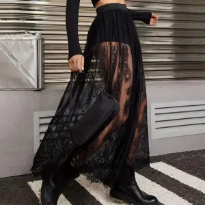 Breathable Plaid Mesh Maxi Skirt Dark Style Embroidery