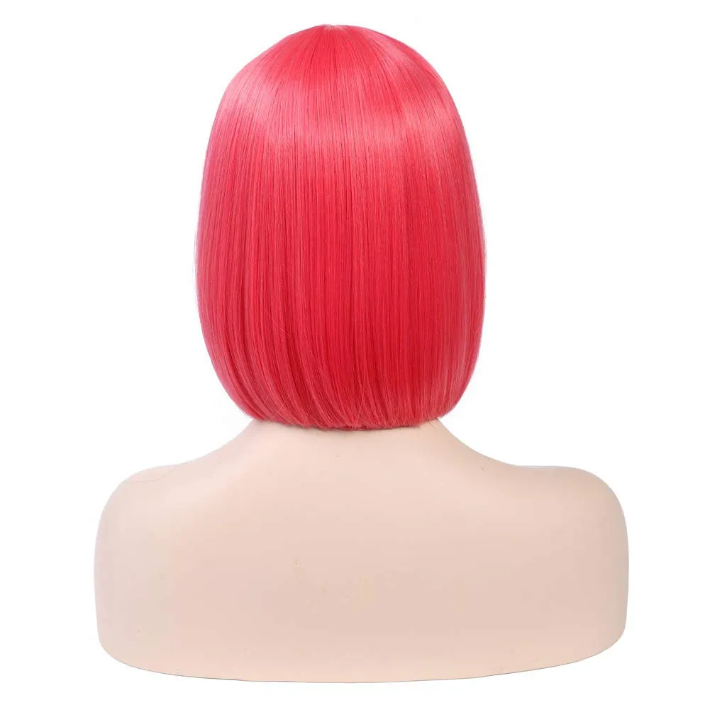 Bright Salmon Pink Straight Bob with Straight Bangs Hand Dyed Synthetic 12" Wig