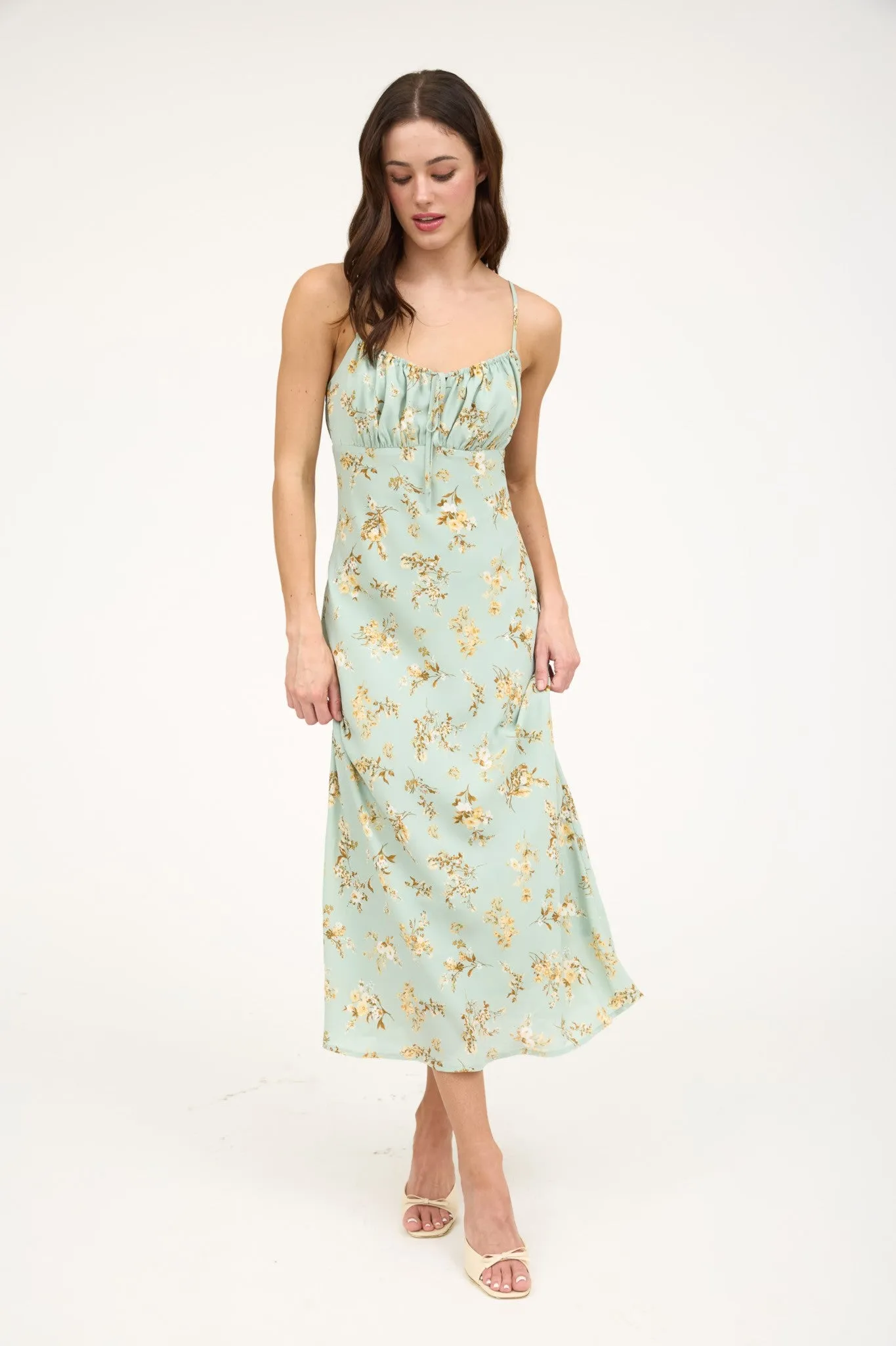 Brooke Floral Drawstring Front Midi Dress, Sage Multi