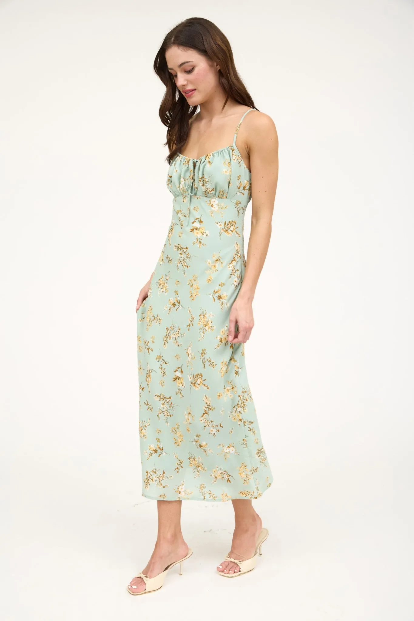 Brooke Floral Drawstring Front Midi Dress, Sage Multi
