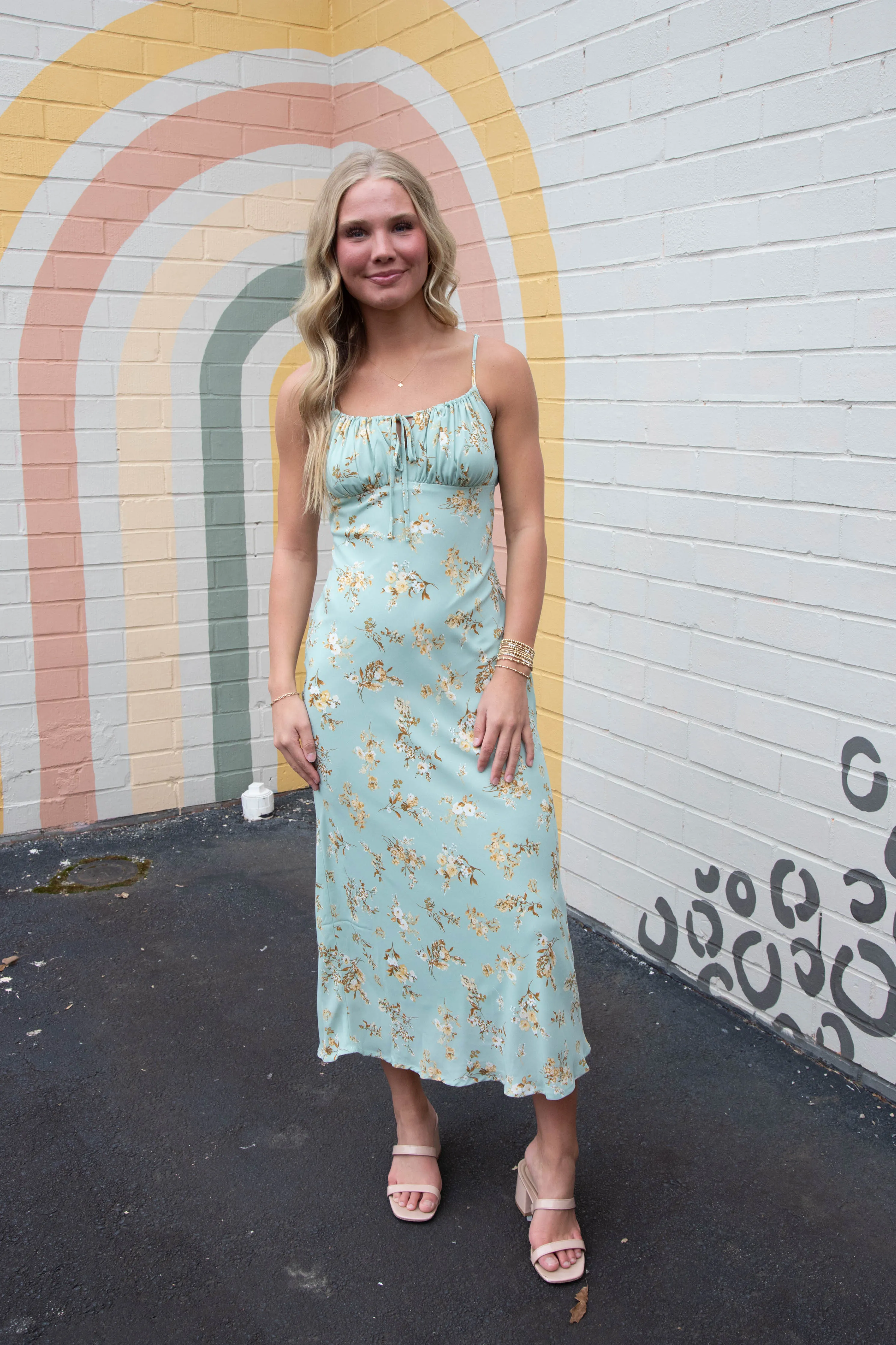 Brooke Floral Drawstring Front Midi Dress, Sage Multi