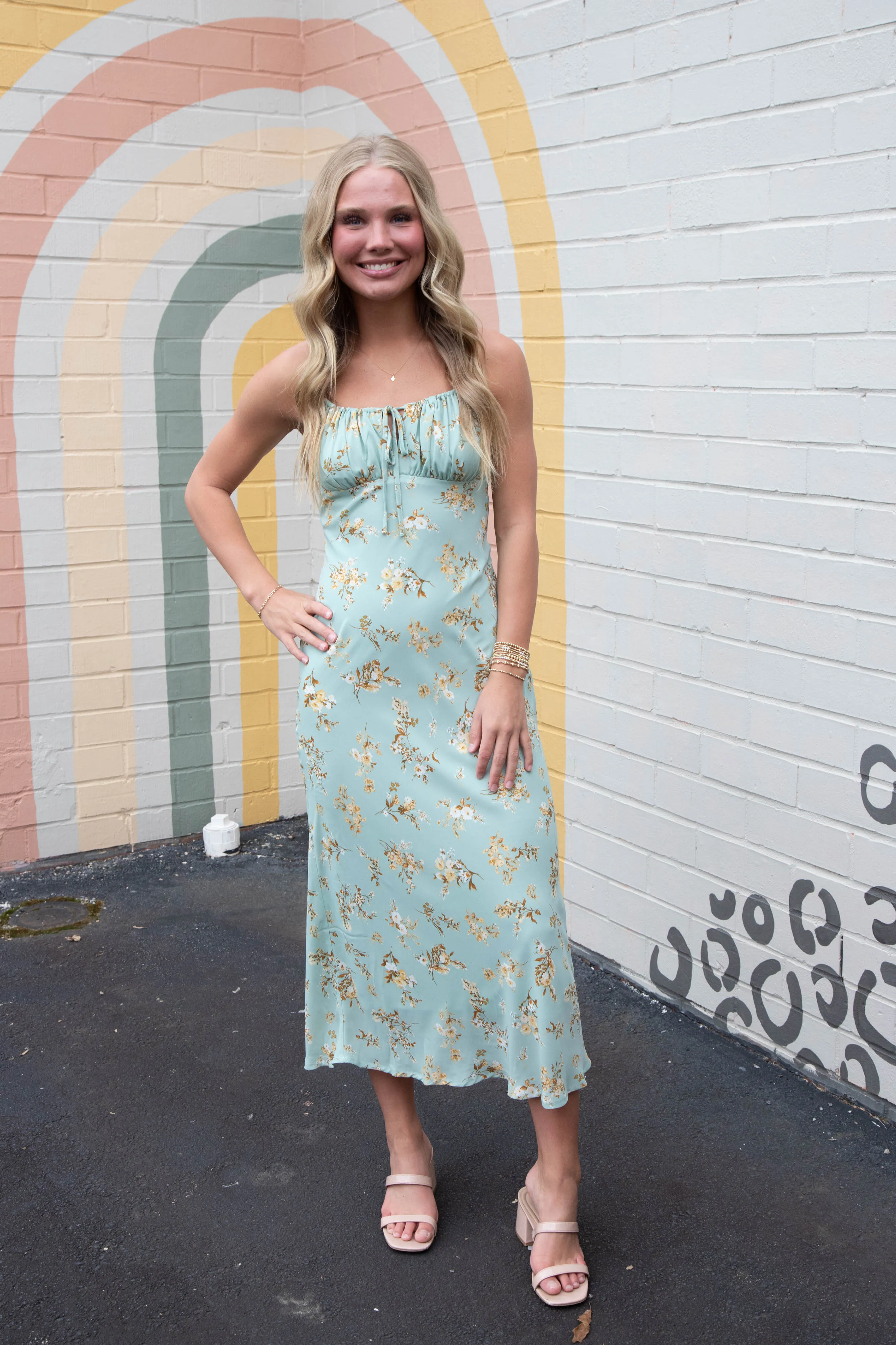 Brooke Floral Drawstring Front Midi Dress, Sage Multi