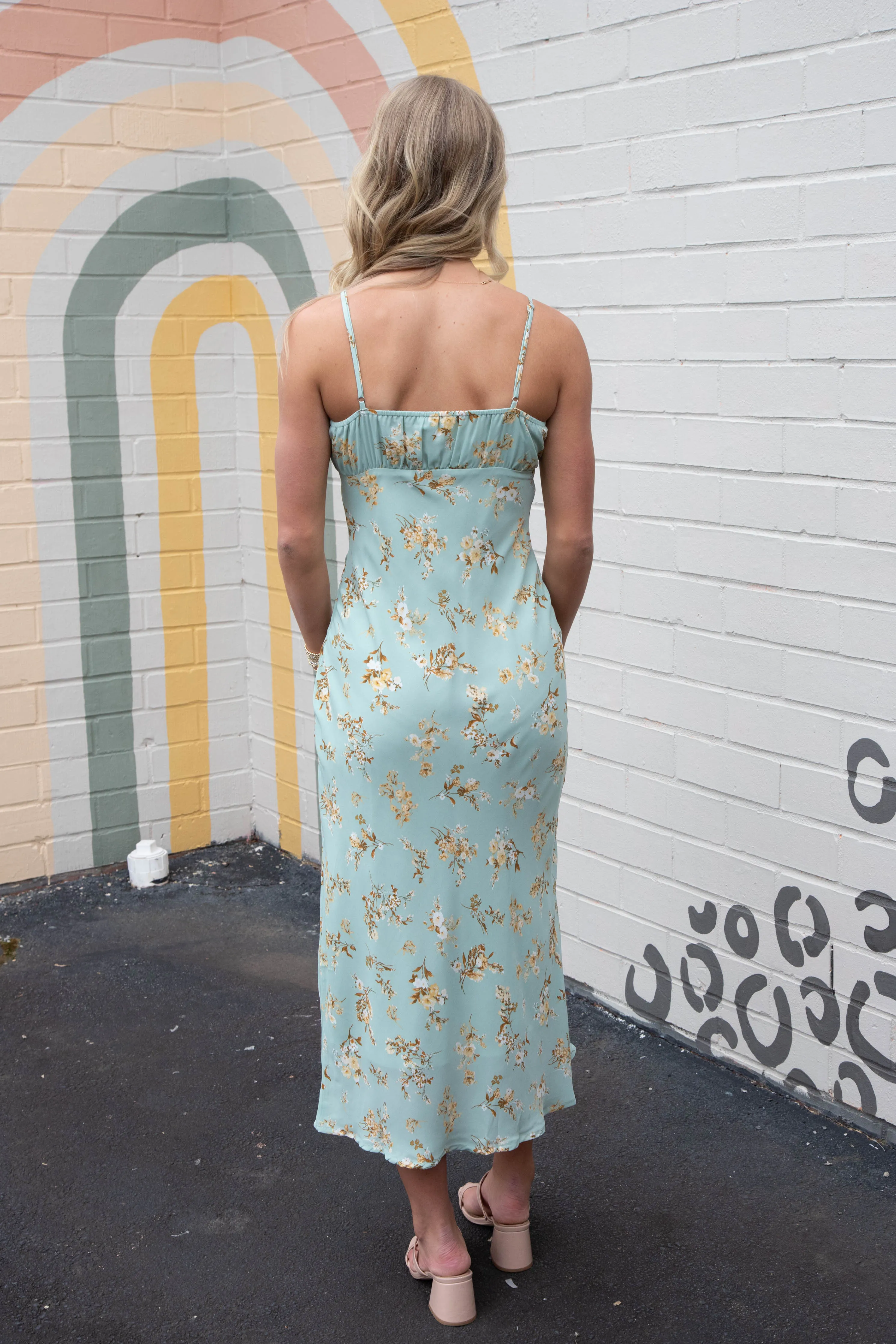 Brooke Floral Drawstring Front Midi Dress, Sage Multi