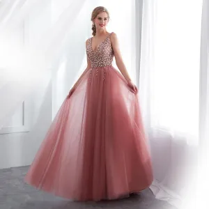 BROOKE - Pink Beaded Sleeveless Prom Dress with V-neck, High Split Tulle Sweep Train