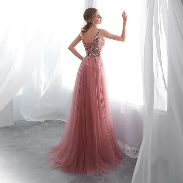 BROOKE - Pink Beaded Sleeveless Prom Dress with V-neck, High Split Tulle Sweep Train
