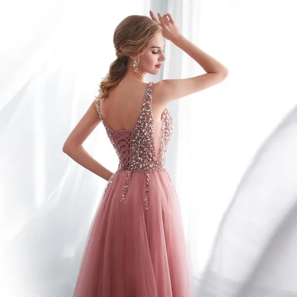 BROOKE - Pink Beaded Sleeveless Prom Dress with V-neck, High Split Tulle Sweep Train
