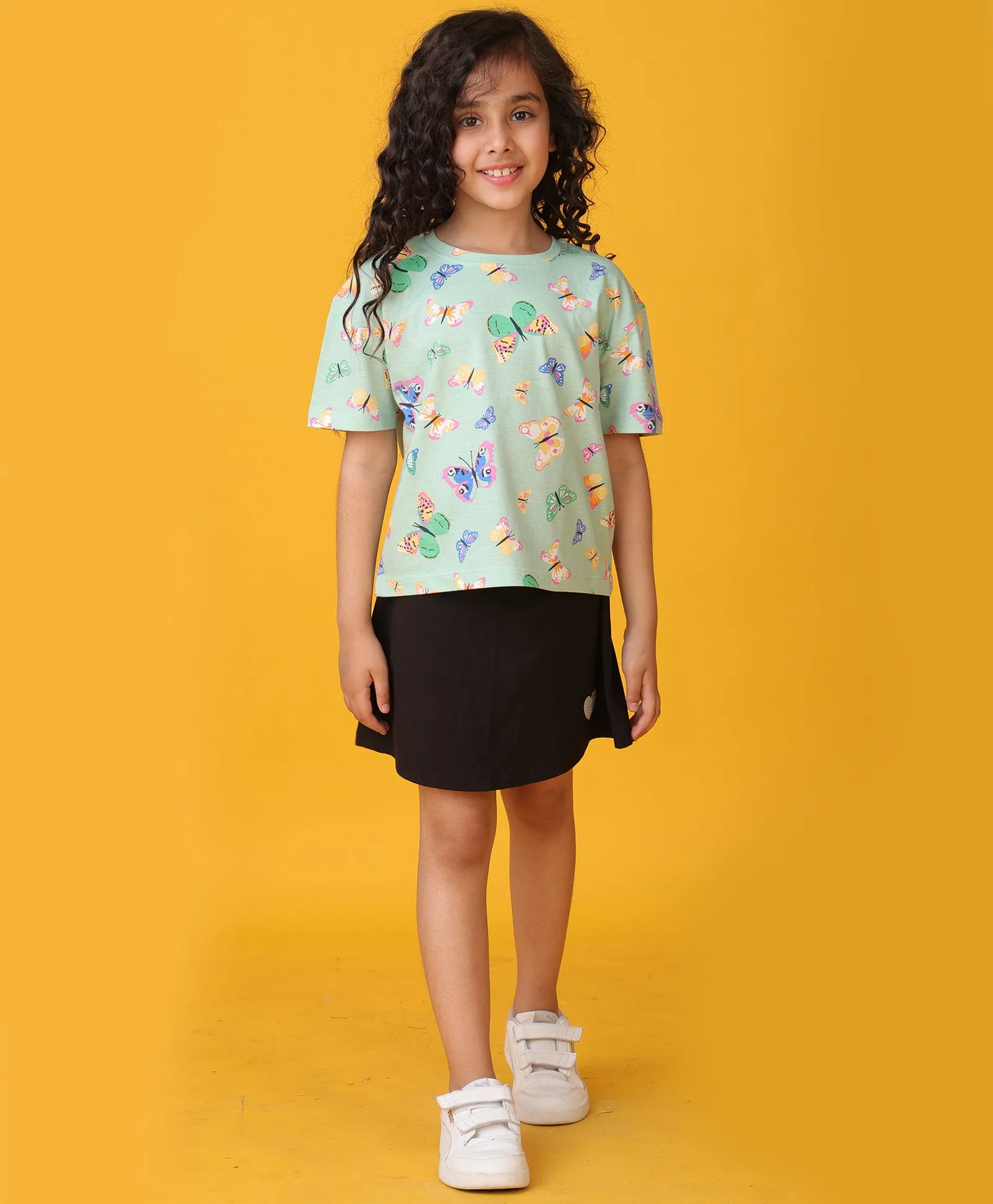 BUTTERFLY SUMMER BLACK SKIRT SET - GREEN/BLACK