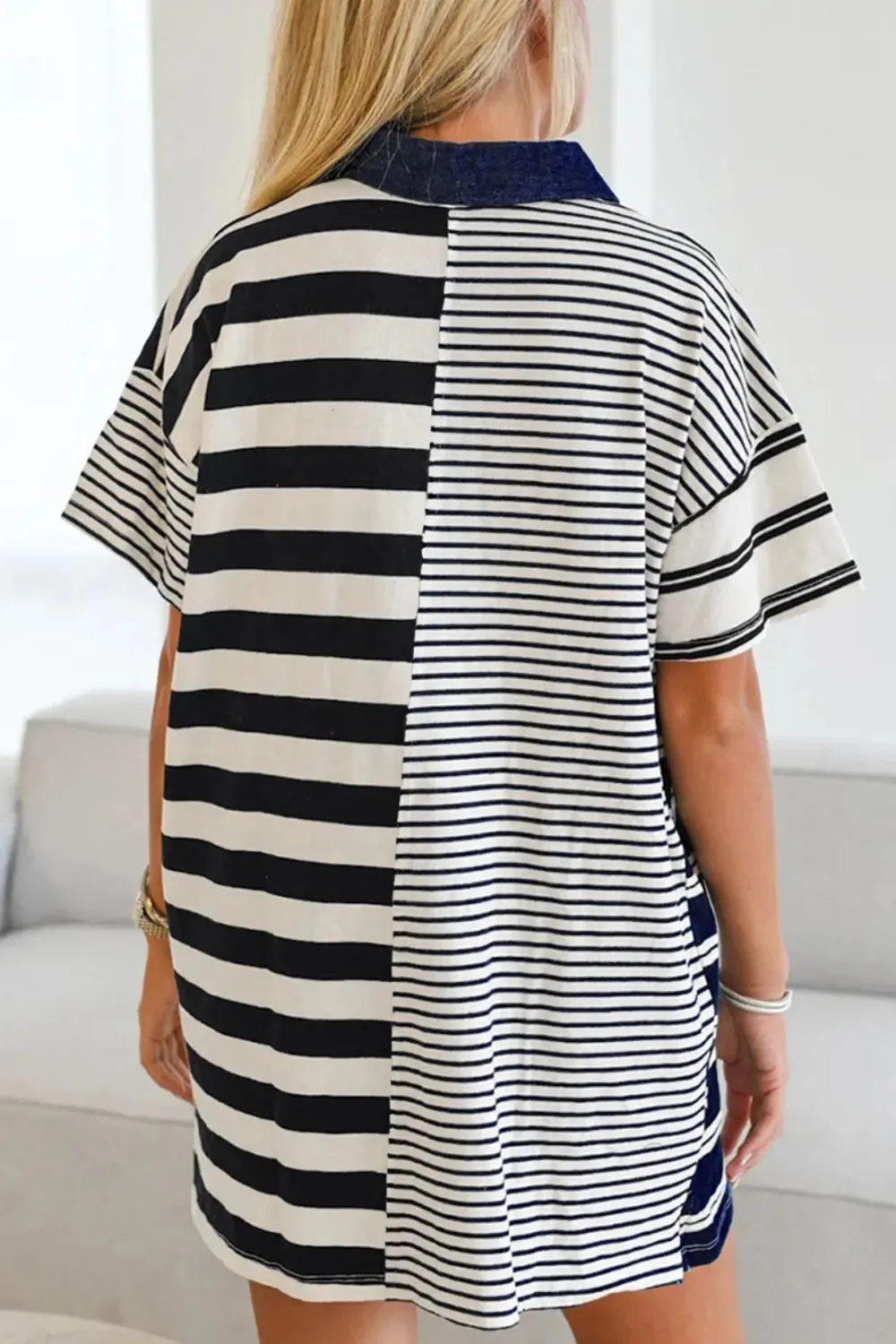 Button Detail Striped Short Sleeve Mini Dress