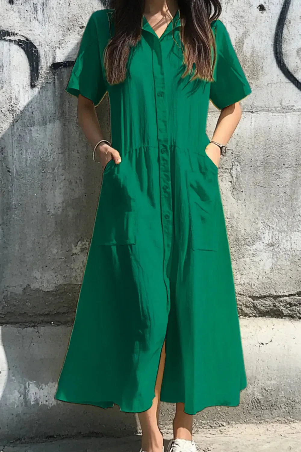 Button Front Short Sleeve Midi Dress
