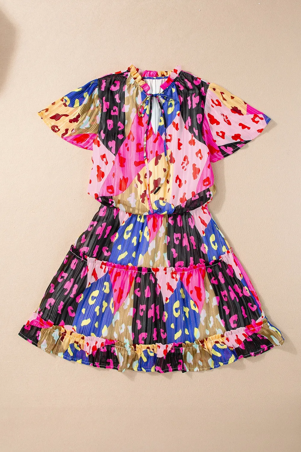 Callum Printed Tie Neck Short Sleeve Mini Dress