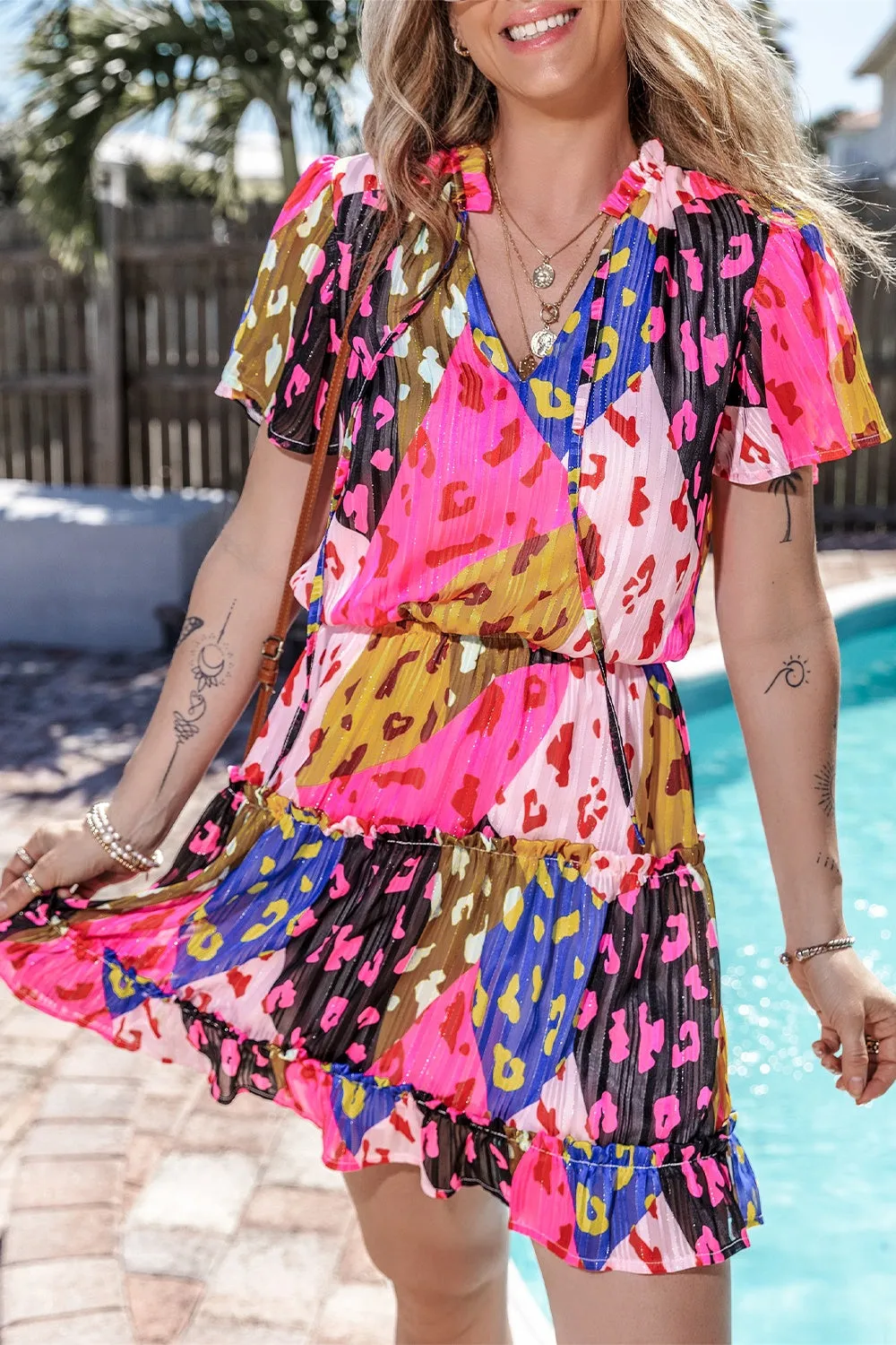 Callum Printed Tie Neck Short Sleeve Mini Dress