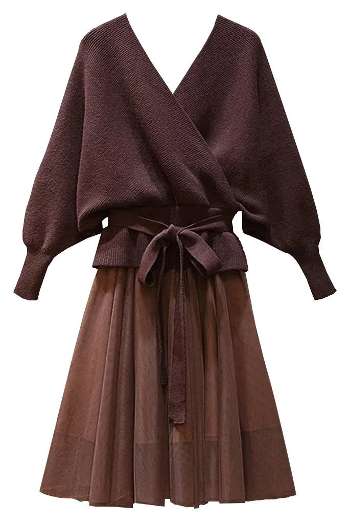 Caroline Brown Batwing Sweater Top and Mesh Skirt Set