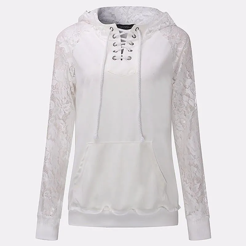 Casual Hoody Pullover Women Lace Long Sleeve Hoodies Solid Black Sweatshirts Ladies Leisure Tops