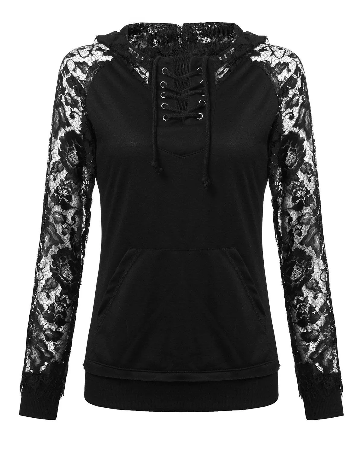 Casual Hoody Pullover Women Lace Long Sleeve Hoodies Solid Black Sweatshirts Ladies Leisure Tops