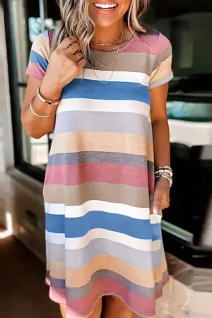 Casual Striped Patchwork O Neck Straight Dresses