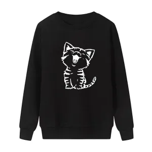 Cat Printed Fleece Full Sleeves Pull Over Sweatshirt For Women