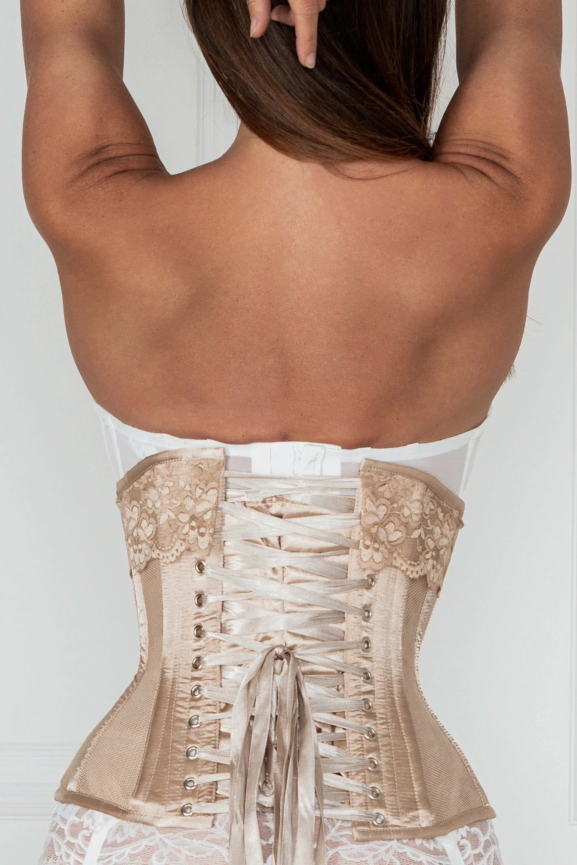 Champagne Longline Satin Bridal Corset with Super Fine Mesh Panels